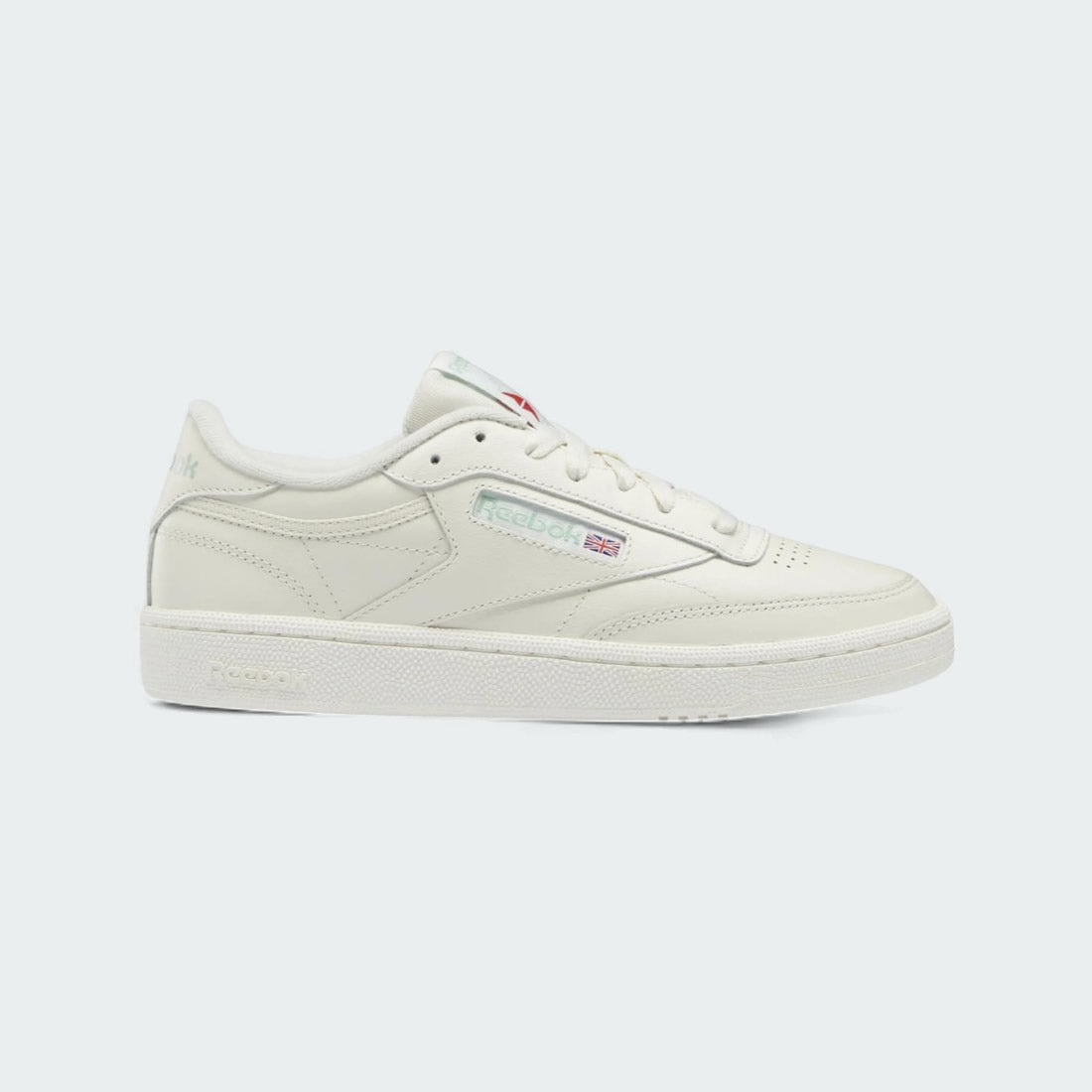 Reebok Club C 85 Women's Chalk Leather Trainers HQ0947 side view showing chalk-toned leather upper with subtle Reebok branding and vintage silhouette