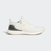 Adidas Ultraboost 1.0 Men's trainers in off-white, side profile showing the Primeknit upper, white Boost midsole, and classic Three Stripes cage.