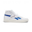 Side profile of the Reebok Club C 85 Form Hi in White, showing the high-top silhouette, Vector Blue branding, and the vintage-style Chalk midsole.