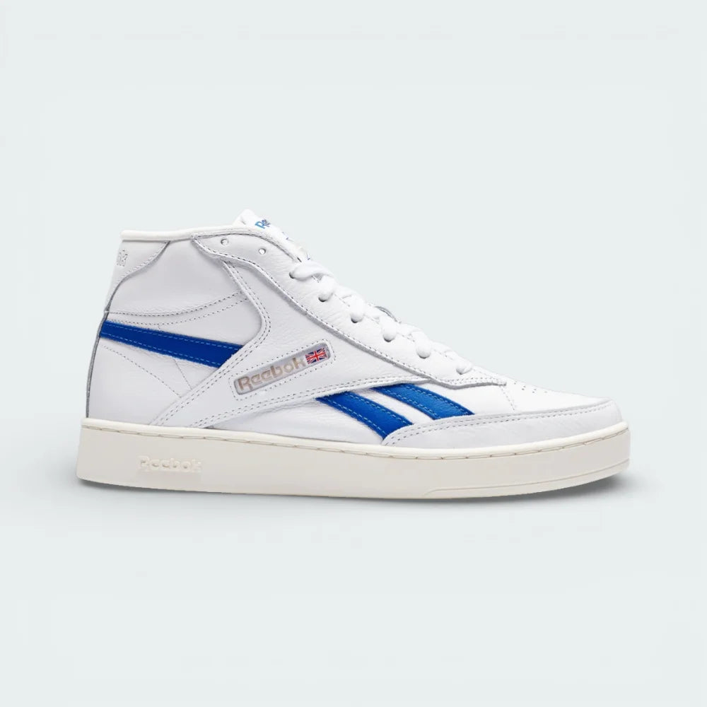 Side profile of the Reebok Club C 85 Form Hi in White, showing the high-top silhouette, Vector Blue branding, and the vintage-style Chalk midsole.