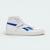 Side profile of the Reebok Club C 85 Form Hi in White, showing the high-top silhouette, Vector Blue branding, and the vintage-style Chalk midsole.