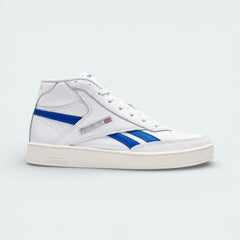 Side profile of the Reebok Club C 85 Form Hi in White, showing the high-top silhouette, Vector Blue branding, and the vintage-style Chalk midsole.