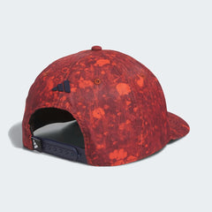 Adidas 3 Stripes Printed Tour Golf Cap in red, back view showing the adjustable snapback closure for a customizable fit.