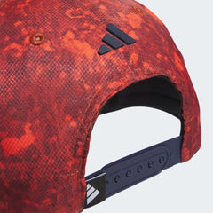 Close-up zoom on the fabric of the Adidas 3 Stripes Printed Tour Golf Cap, adjustable strap to the rear and the detailed 3D silicone logo.