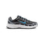 Displays the lateral silhouette featuring the Smoke Grey breathable mesh upper, interlocking horizontal and vertical black synthetic overlays, an electric Dutch Blue outlined Swoosh, and a sculpted grey foam midsole.