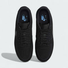 Top-down view of a pair of Nike Air Force 1 '07 Men's trainers in black, highlighting their classic silhouette and lace-up closure.