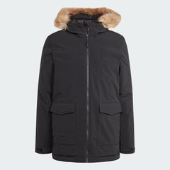 Adidas Hooded Fur Parka front view showing the full-zip closure, high collar, and side pockets.