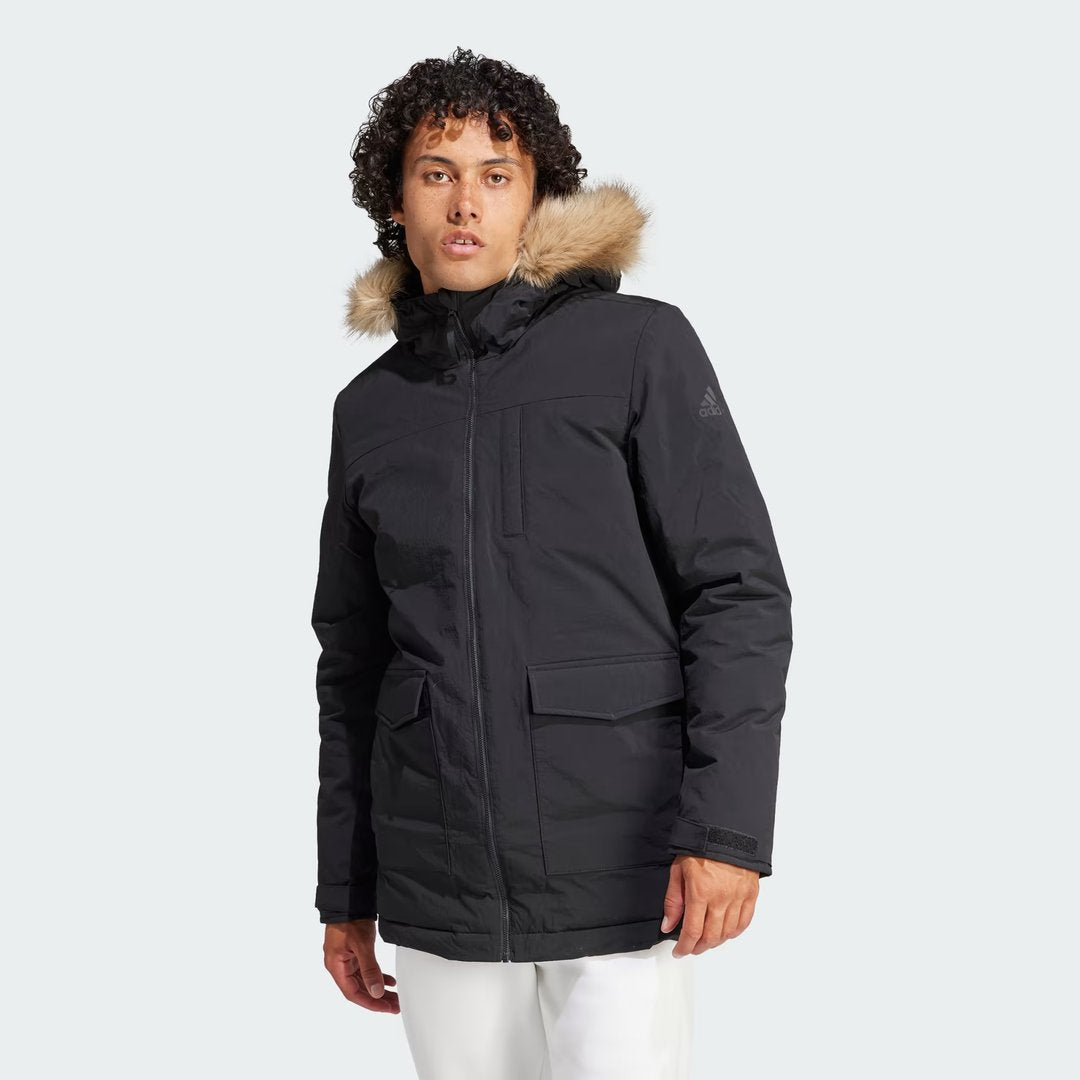 Adidas Hooded Fur Parka front view model worn showing the full-zip closure, high collar, and side pockets.