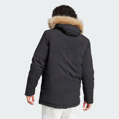 Adidas Hooded Fur Parka back view showcasing the padded design and seamless construction.