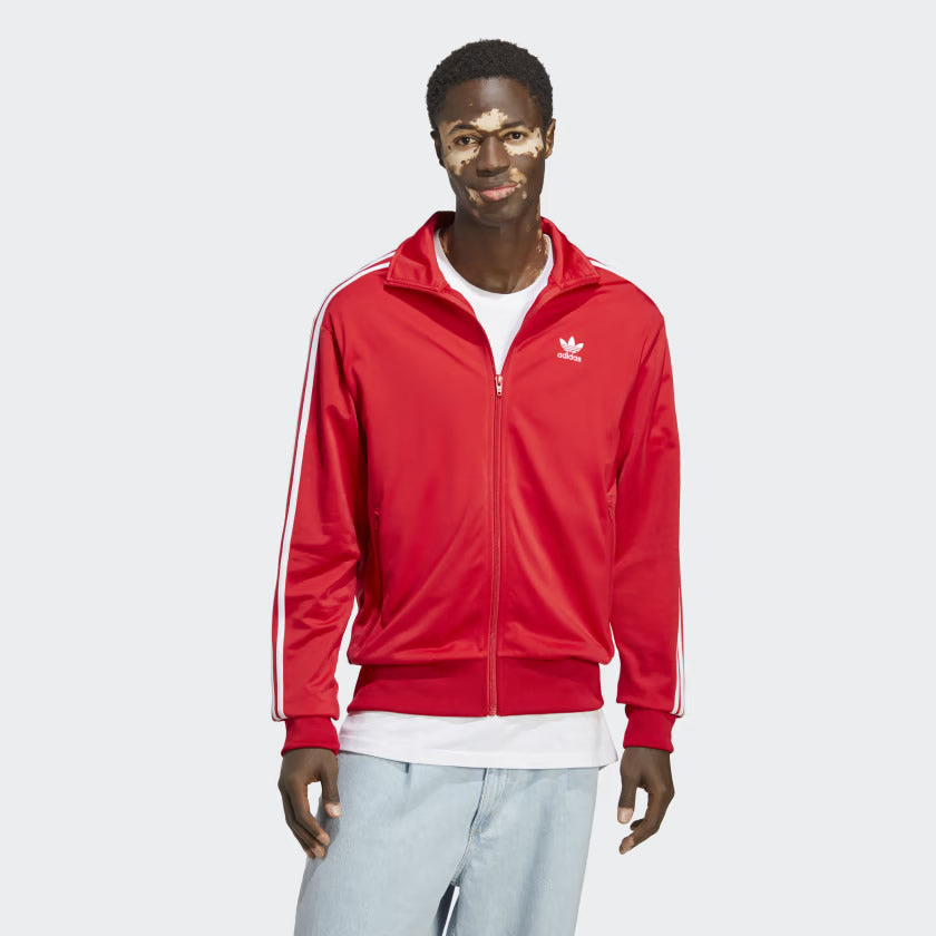 Adidas Adicolor Classics Firebird Track Jacket Men's in better scarlet red, front view showing full zip, stand-up collar, white 3-Stripes on sleeves, and embroidered Trefoil logo.