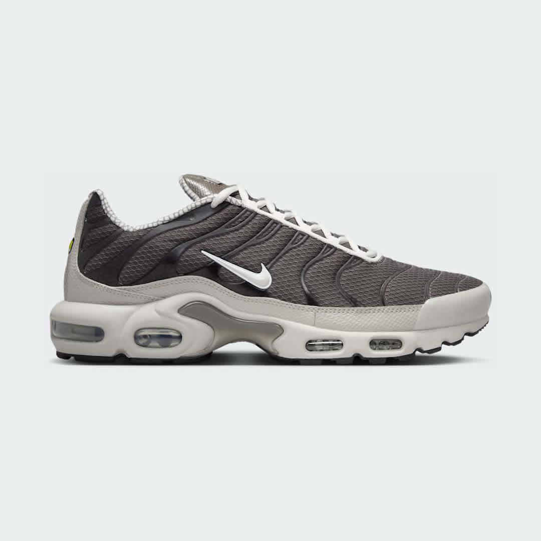 Nike Air Max Plus TN Men's trainers in cave stone brown and vast grey, side profile showing visible Tuned Air units and distinctive wavy overlays.