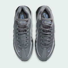 Top-down view of a pair of Nike Air Max 95 OG Men's running shoes in grey, highlighting their iconic silhouette and lacing system.