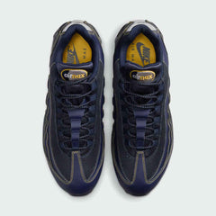 Top-down view of a pair of Nike Air Max 95 OG Men's running shoes in blue, highlighting their iconic silhouette and lacing system.