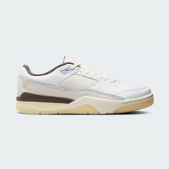 Jordan Flight Court Men's sneakers in white with light armory blue accents, side profile showing leather upper, low-top silhouette, and Jordan branding.