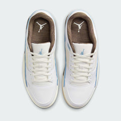 Top-down view of a pair of Jordan Flight Court Men's sneakers in white and blue, highlighting their classic lace-up closure and clean design.