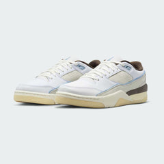 Angled view of two Jordan Flight Court Men's sneakers in white and light blue, side by side, showcasing their timeless aesthetic and clean lines.