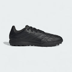 Adidas Copa Pure.3 Turf Men's football boots in black with a white heel, side profile showing the synthetic upper and turf-specific rubber outsole.