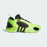Side profile of the Adidas D.O.N. Issue #5 in Lucid Lemon, showing the layered upper design, the black 3-Stripes, and the chunky Lightstrike Pro midsole.