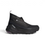 Side profile of the black and lilac Stella McCartney x Terrex Free Hiker, showing the elongated fashion-forward silhouette and the chunky BOOST midsole.