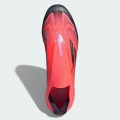 Top-down view of the laceless F50+ boots, highlighting the integrated Primeknit collar and the textured Sprintweb 3D grip pattern.