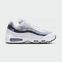 Nike Air Max 95 OG Men's running shoes in white with diffused blue accents, side profile showing visible Max Air units in the heel and forefoot, and a layered upper.