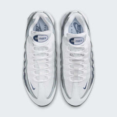 Top-down view of a pair of Nike Air Max 95 OG Men's running shoes in white, highlighting their iconic silhouette and lacing system.