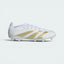 Highlights the high-velocity sweep of the Gold Metallic 3-Stripes, showing the crisp Cloud White texture of the upper rising into the sandy beige tones of the Primeknit collar.