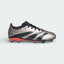 Side profile of the Adidas Predator League Juniors' boots in Platinum Metallic, showing the Aurora Black 3-Stripes and vibrant Turbo pink accents on the heel and sole.