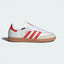 Side profile of the Cloud White Adidas Samba OG, highlighting the vibrant Solar Red Three Stripes and the Off White rubber sole.