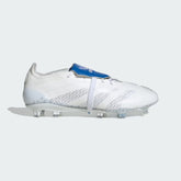 Side profile of the White and Blue Bird Predator Elite, showing the sleek laceless silhouette and the striking Blue Bird Three Stripes.