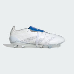 Side profile of the White and Blue Bird Predator Elite, showing the sleek laceless silhouette and the striking Blue Bird Three Stripes.