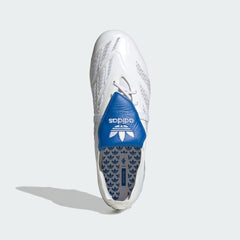 Top-down view of the Beckham edition boots, highlighting the clean white Fusionskin upper and the historic blue Trefoil logo on the tongue area.
