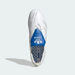Top-down view of the Beckham edition boots, highlighting the clean white Fusionskin upper and the historic blue Trefoil logo on the tongue area.