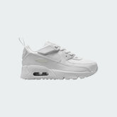 Nike Air Max 90 EasyOn Infants' trainers in white with metallic silver accents, side profile showing the hook-and-loop strap (or easy closure) and visible Max Air unit.