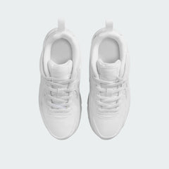 Top-down view of a pair of Nike Air Max 90 EasyOn Infants' trainers in white, highlighting the strap closure and chunky silhouette.