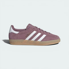 Side profile of the Rich Plum Adidas Gazelle, highlighting the deep purple suede upper and the crisp white serrated Three Stripes.