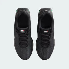 Top-down view of a pair of Nike Air Max DN Juniors' running trainers in black, highlighting their futuristic design and lace-up closure.