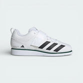 Side profile of the Cloud White adidas Powerlift 5, showing the Collegiate Green three stripes and the specialized high-density midsole wedge.