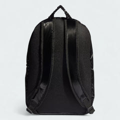 Adidas Puffy Satin Backpack in black, back view showing the adjustable shoulder straps and textured back panel.