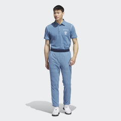 Adidas x Bogey Boys Golf Men's Track Pants in blue, full profile showing the full length, tapered leg, and collaborative branding.