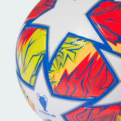Zoom looking at the front of the ball and the printed UCL logo, highlighting the smooth texture of the recycled TPU.