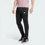 Side profile of the black Adidas training pants, highlighting the camouflage-print Three Stripes running down the leg.
