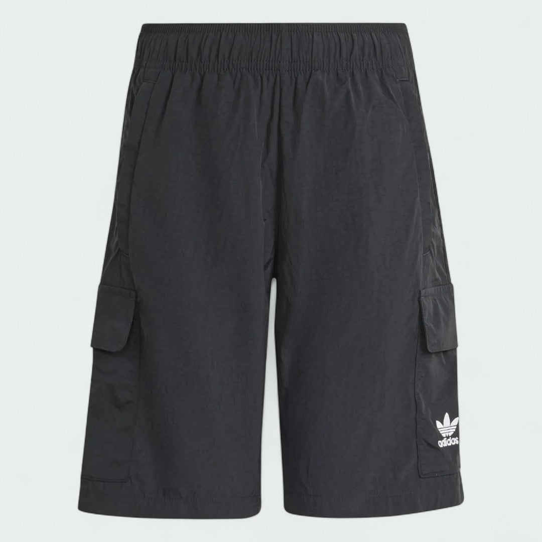 Adidas Juniors' Cargo Shorts in black, front view showing the elastic drawcord waist, side zip pockets, and cargo pockets with flaps.