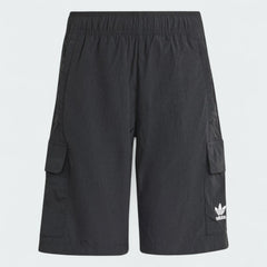 Adidas Juniors' Cargo Shorts in black, front view showing the elastic drawcord waist, side zip pockets, and cargo pockets with flaps.