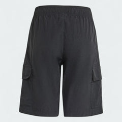 Adidas Juniors' Cargo Shorts in black, back view showcasing the clean design and flap pockets.