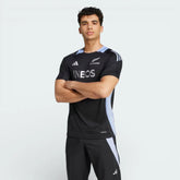 Front profile of the black All Blacks training tee, showing the athletic slim fit and the tonal black-on-black adidas branding.