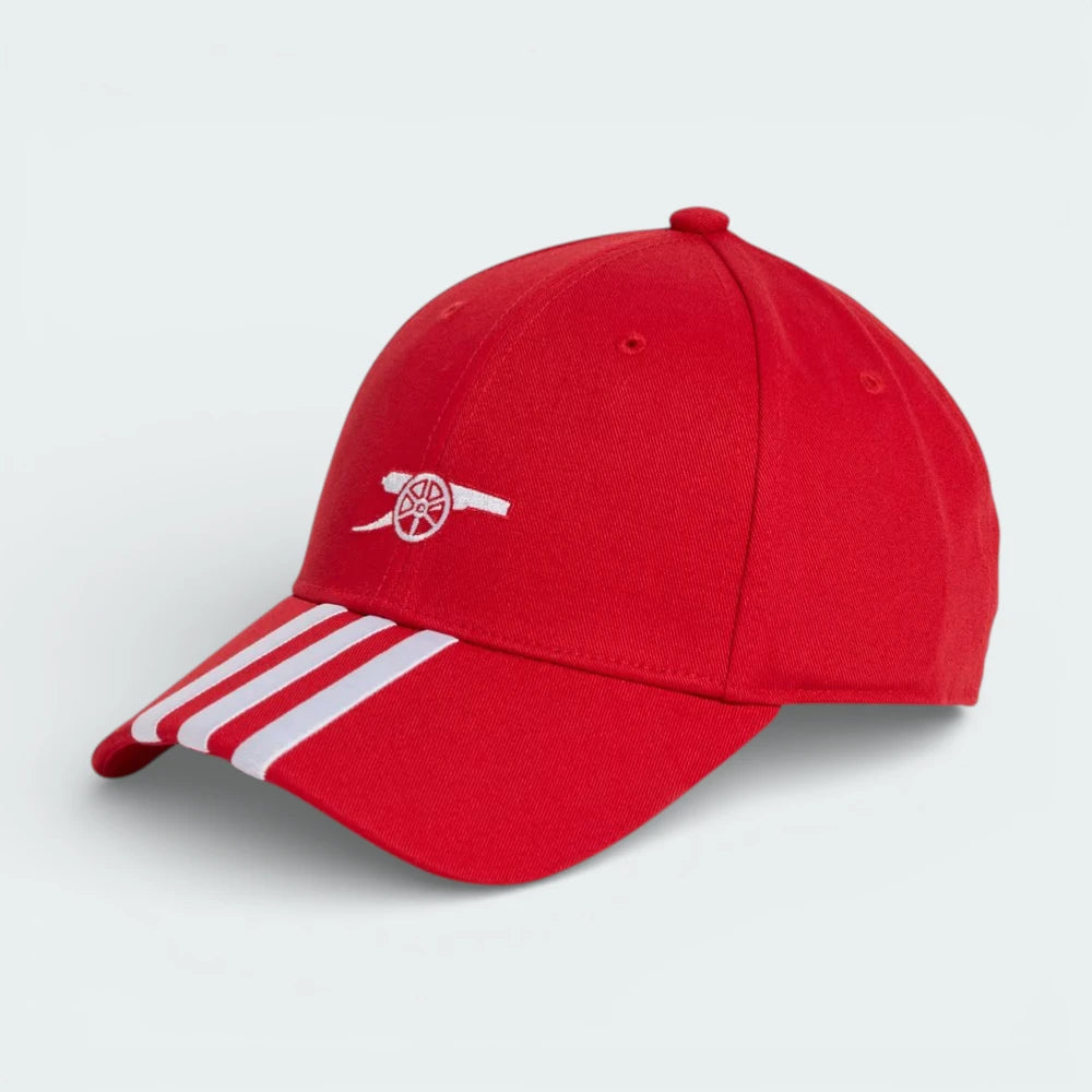 Side profile of the Better Scarlet Arsenal cap, showing the structured crown and the classic white 3-stripes or vent eyelets.