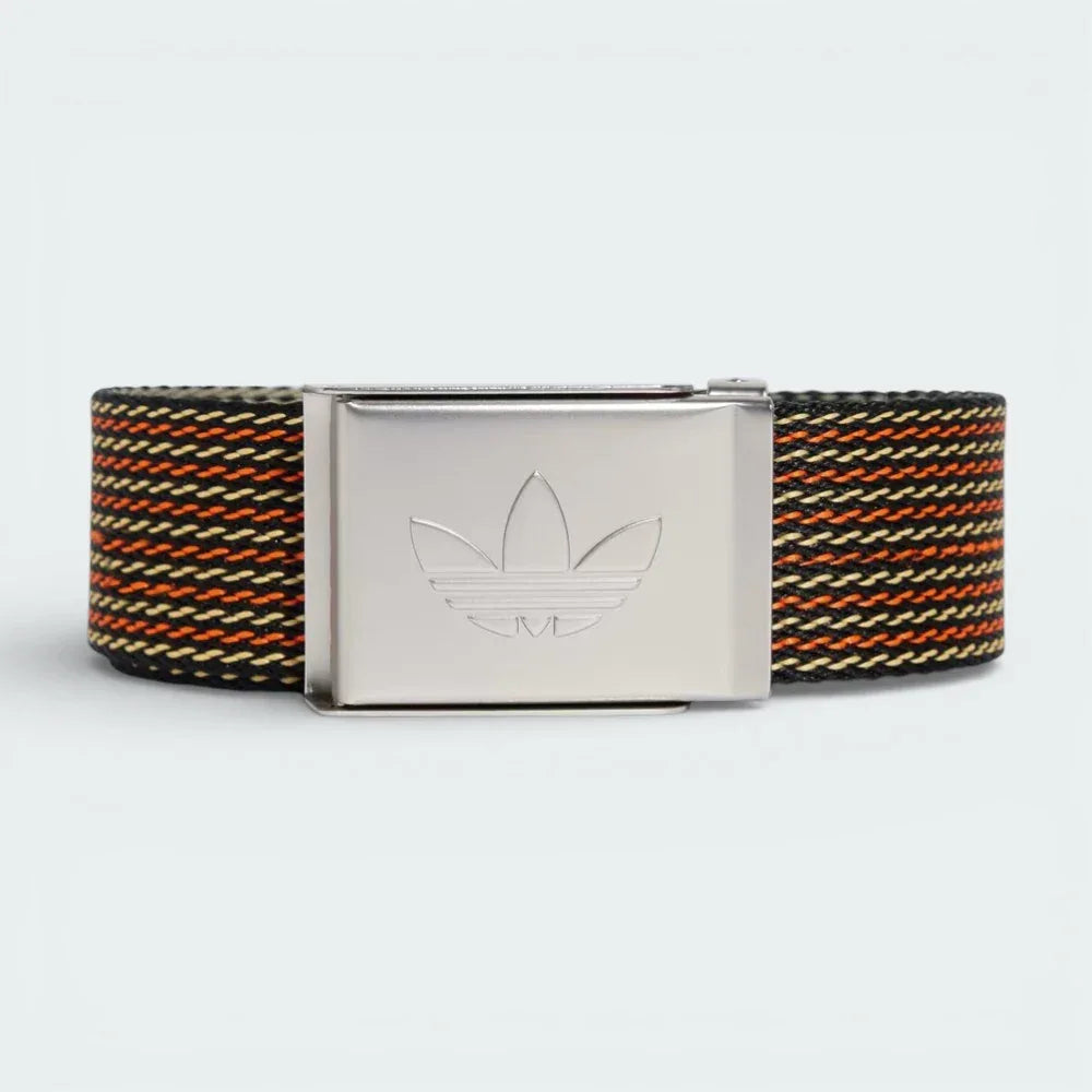 Front profile view of the adidas belt, showing the transition between the smooth black surface and the textured orange reverse side.