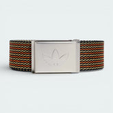 Front profile view of the adidas belt, showing the transition between the smooth black surface and the textured orange reverse side.