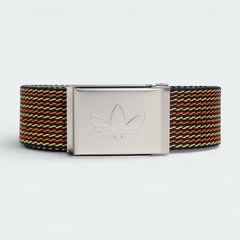 Front profile view of the adidas belt, showing the transition between the smooth black surface and the textured orange reverse side.